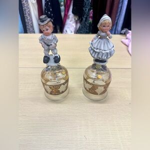 Vintage Goebel West Germany Golden Etched Glass Bell Boy and Girl Figurines
